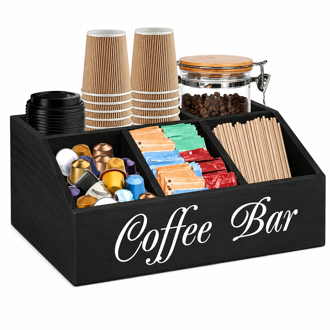 ChatGPT Image Aug 6, 2026, 08_46_36 PM Kaffeorganisator i træ med flere rum til kaffekapsler, tebreve, rørepinde, kopper og andet kaffetilbehør