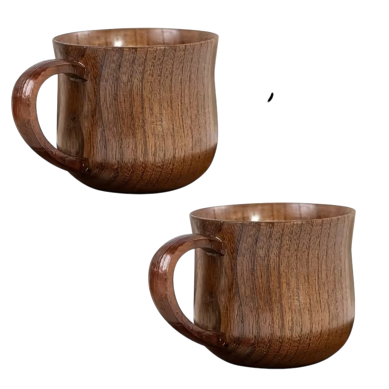 2 trækaffekopper med håndtag i massivt træ til kaffe og te