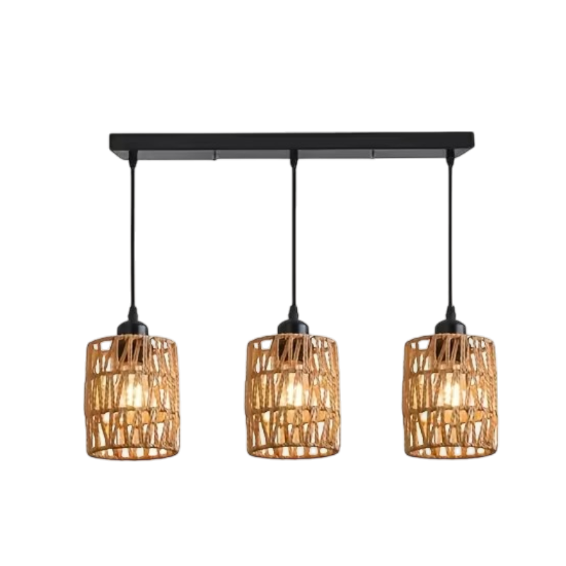e557b570-08a1-4c4a-9ce9-5ee26e683758 Rattan pendellampe med tre flettede skærme og E27-fatninger