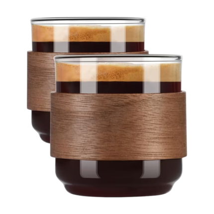 Sæt med 2 glaskopper på 150 ml med varmeisolerende træring til espresso, kaffe, te og latte
