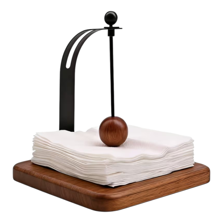 Elegant servietholder i træ og metal med vægtkugle og skridsikker base