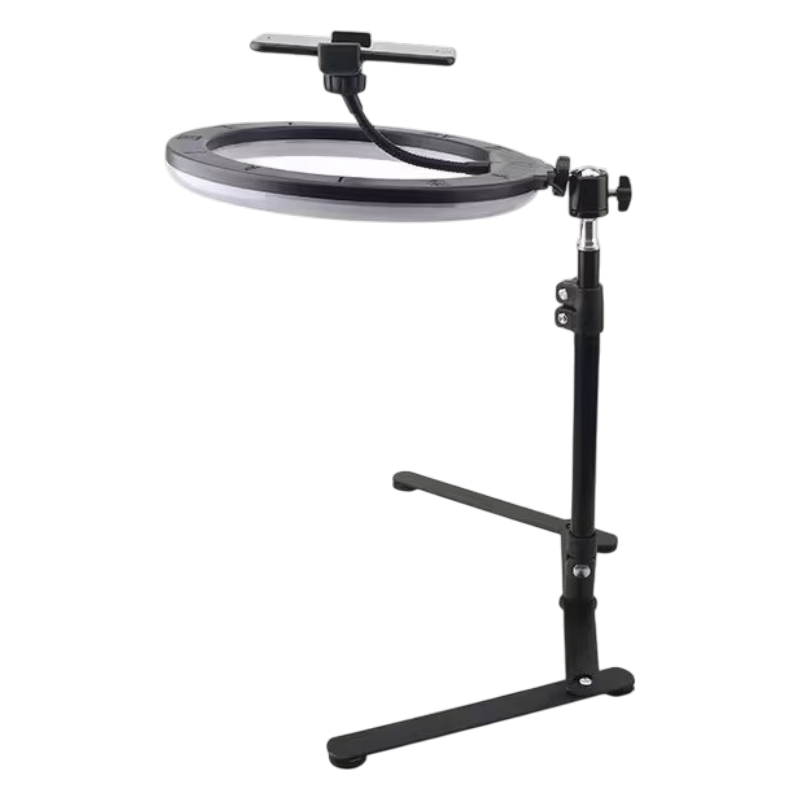 transparent (34) (33) Overhead mobilstativ med LED-lys, 360 graders rotation og justerbar telefonholder