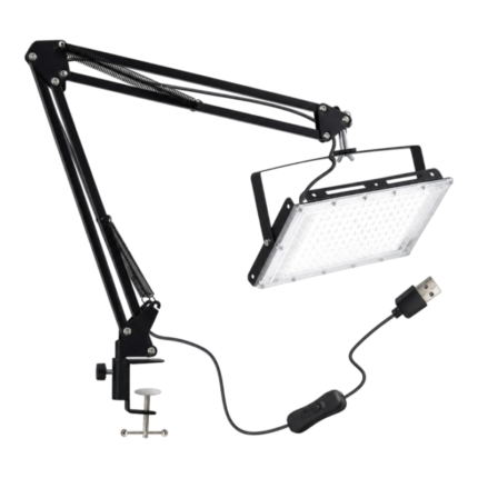 Justerbar LED-arbejdslampe med bordklemme, leddelt arm og USB-stik